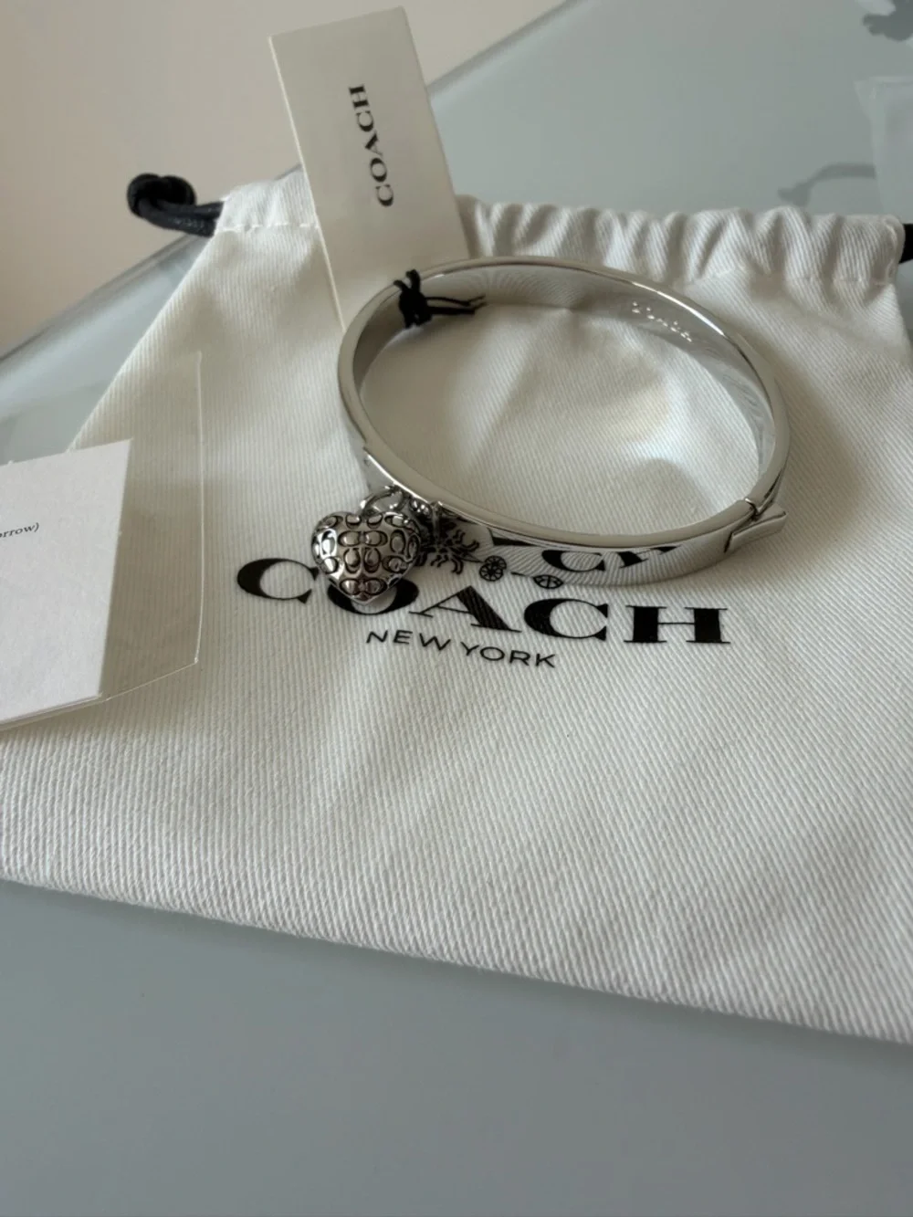 Coach Silver Heart Monogram Charm Bangle Hinge Bracelet